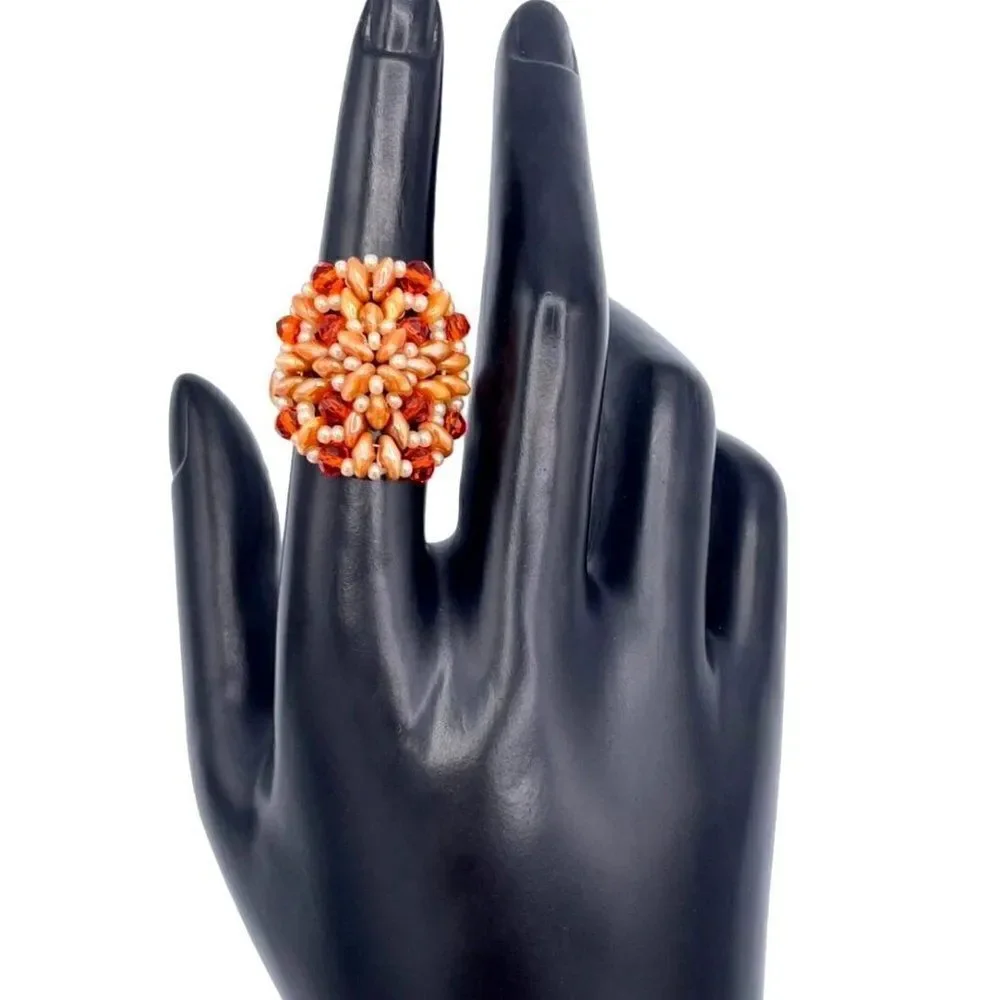Caramel Brown and Orange Crystal Beaded Statement Ring Size 7